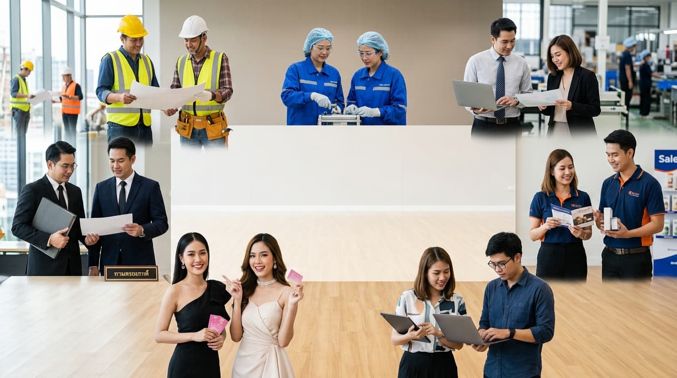 คนทำงานหลากหลายอาชีพ ทั้งช่างก่อสร้าง พนักงานโรงงาน ออฟฟิศ และงานบริการ